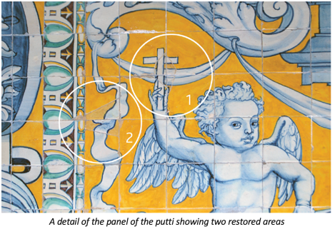 Panel of the putti with two restored areas encircled