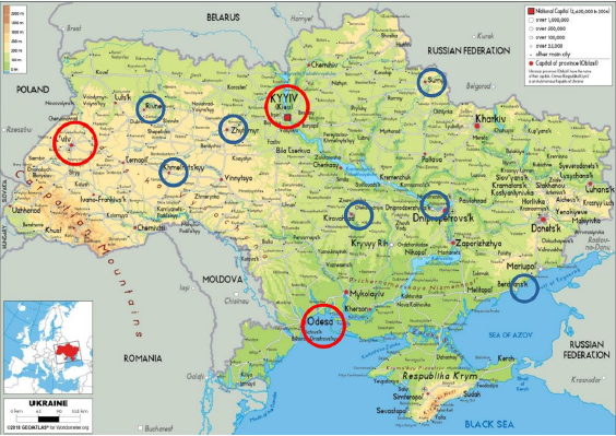 Map of Ukraine with marked locations of monument documentation sites